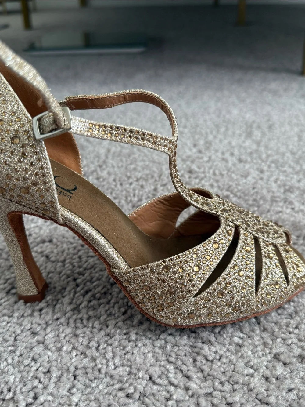 Bakers Gold Rhinestone T-Strap Peep-Toe Heels